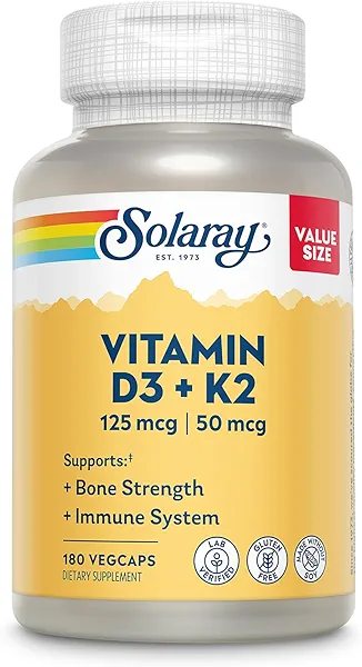 SOLARAY Vitamin D3 K2 - Bone Health and Immune Support Supplement - With 5000 IU Vitamin D as Vit D3 and 50 mcg Vitamin K2 as Menoquinone MK7, Made Without Soy, 60-Day Guarantee, 180 Serv, 180 VegCaps