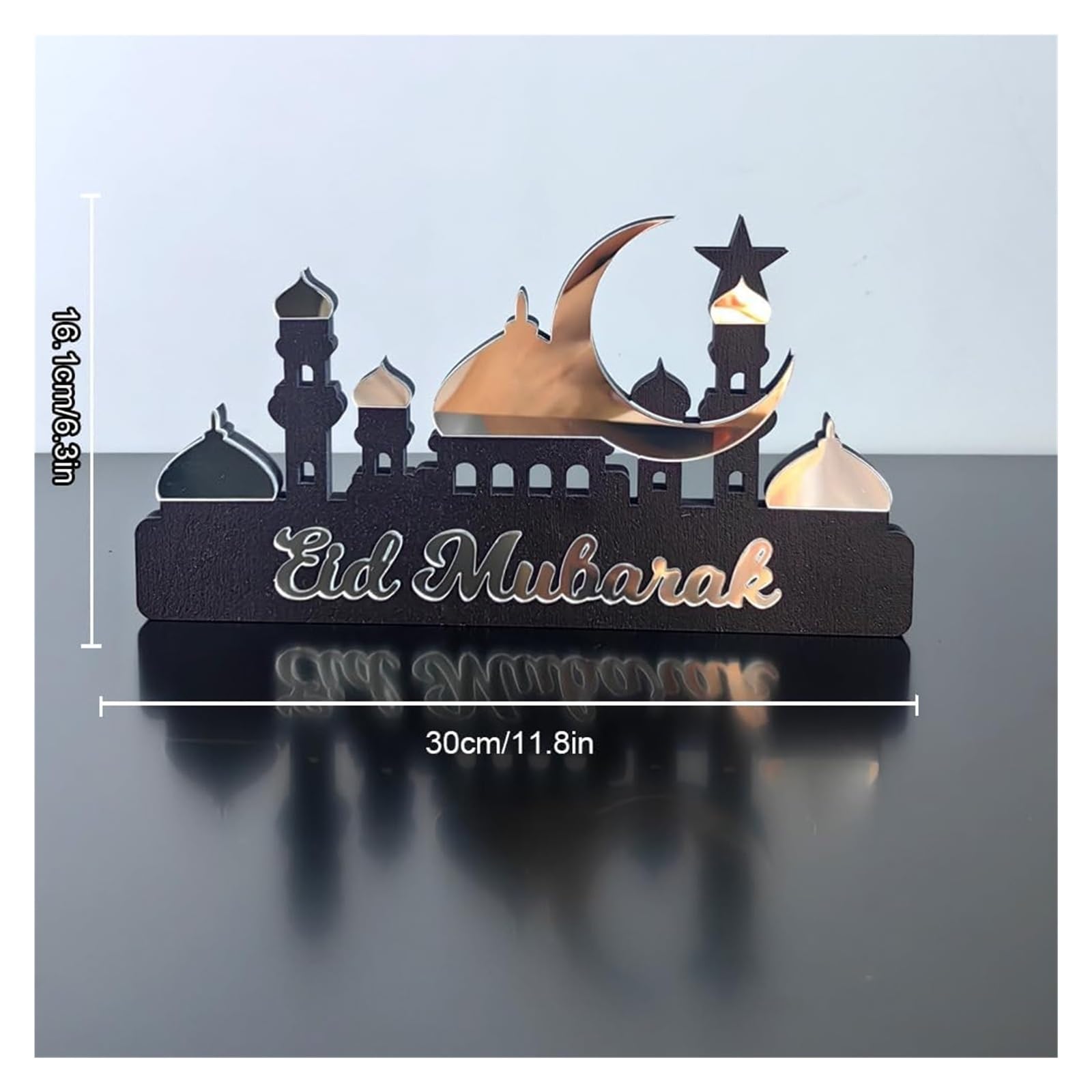 Ozdoby ramadanowe na domowy stół, Ramadan Kareem Dekoracja stołu Drewniana akrylowa dekoracja Eid Mubarak(Silver B,L)