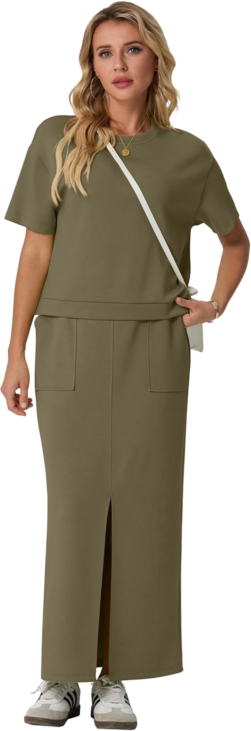 GRECERELLE Women Summer Casual 2 Piece Sets Crew-Neck Wrinkle-Free Top & Elastic Waist Maxi Front Slit Skirt with Pockets - Image 3