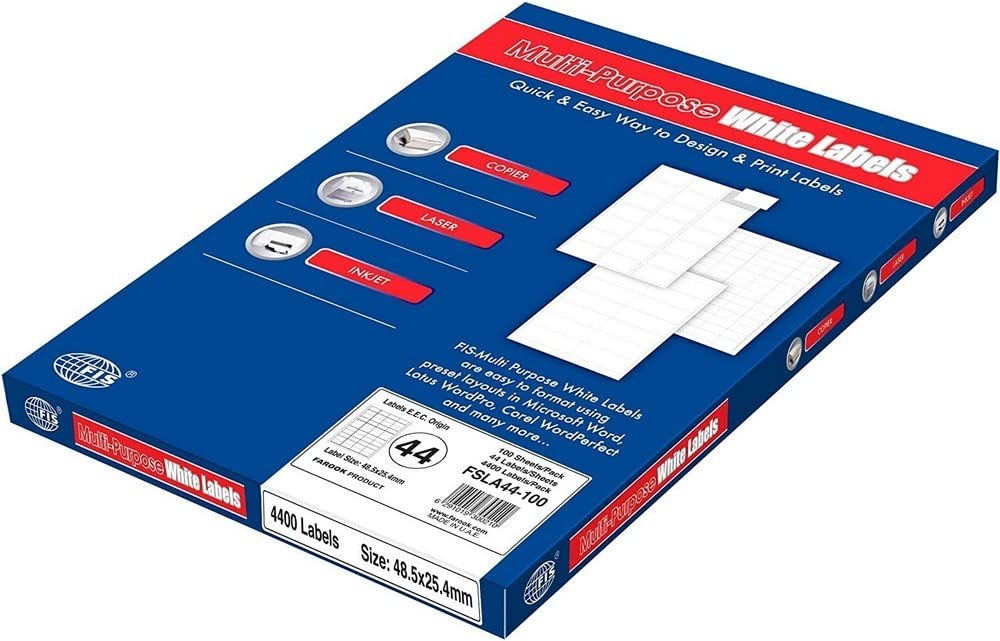 FIS FSLA4-3-100 4 Stickers Multipurpose Laser Label 100 Sheet, A4 Size, White