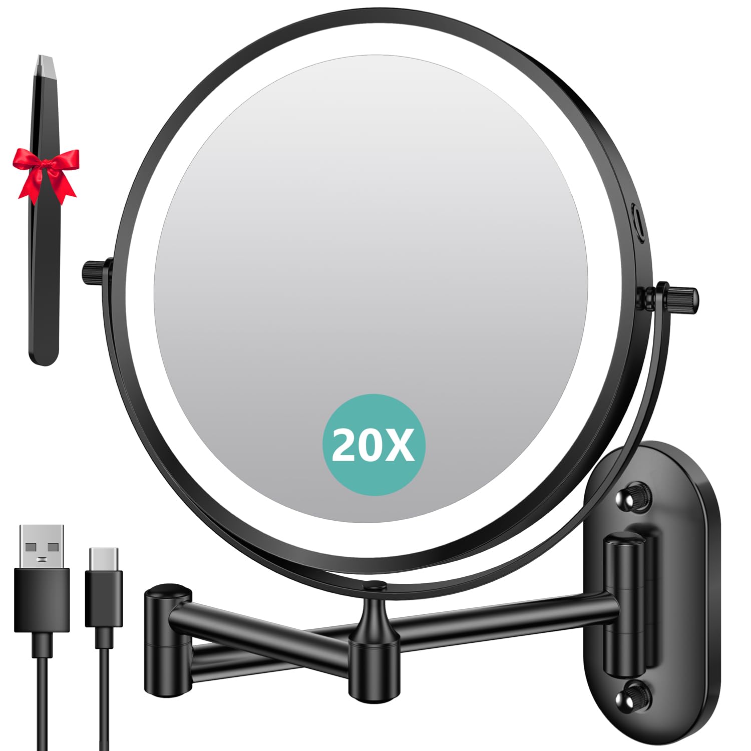 Auxmir Kosmetikspiegel mit Beleuchtung, 1X/20X Wiederaufladbar Schminkspiegel, 3200mAh Rasierspiegel Wandmontage, Dimmbar Vergrößerungsspiegel mit 3 Lichtfarben, 360° Drehbar für Badezimmer und Hotel