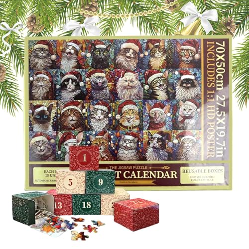Calendario de Adviento de gato 2024 | Rompecabezas de gatos de Navidad, calendarios de Adviento | Rompecabezas de 1000 piezas de gatos de Feliz Navidad | Rompecabezas de cuenta regresiva de 24 cajas