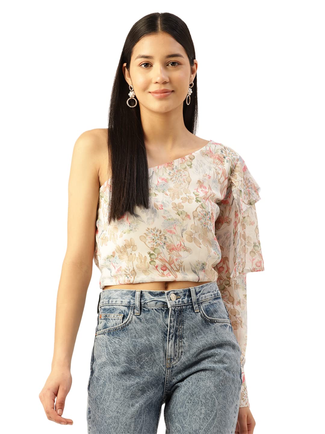 ALSACE LORRAINE PARIS Women's Floral Print One Shoulder Flared Sleeve Crop Top | TP225MPR-P