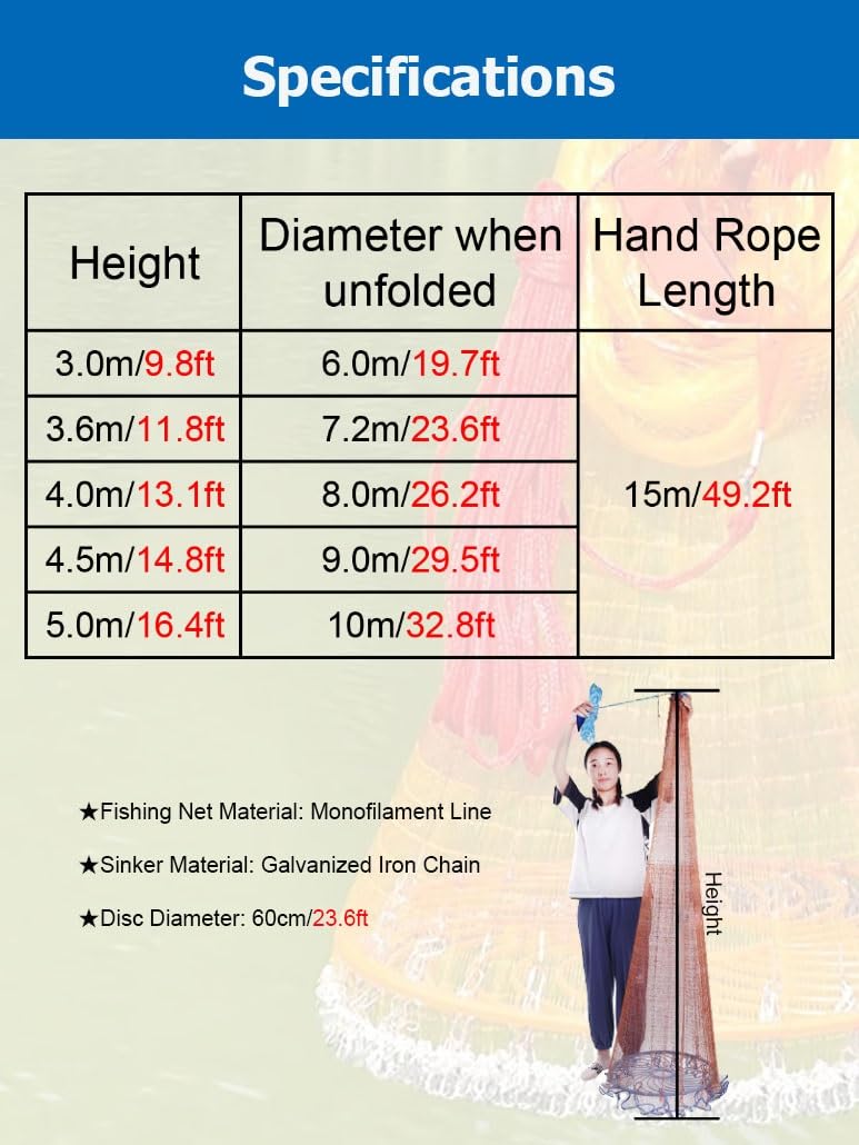 Retino da pesca in acqua salata for principianti, altezza 9,8-16,4', con disco da 60 cm, rete da lancio monofilamento for esche da pesca for fiumi