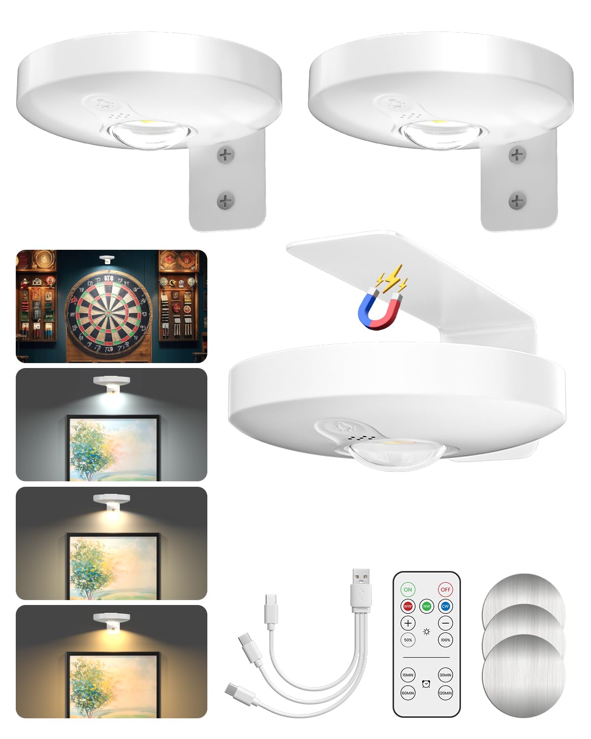 BrightArk Rechargeable Wall Lights for Pictures with Remote, 3 Colors Dimmable Battery Operated Art Painting Light with Timer, Rechargeable Dart Board Light, Up to 50 Hours, 3 Packs