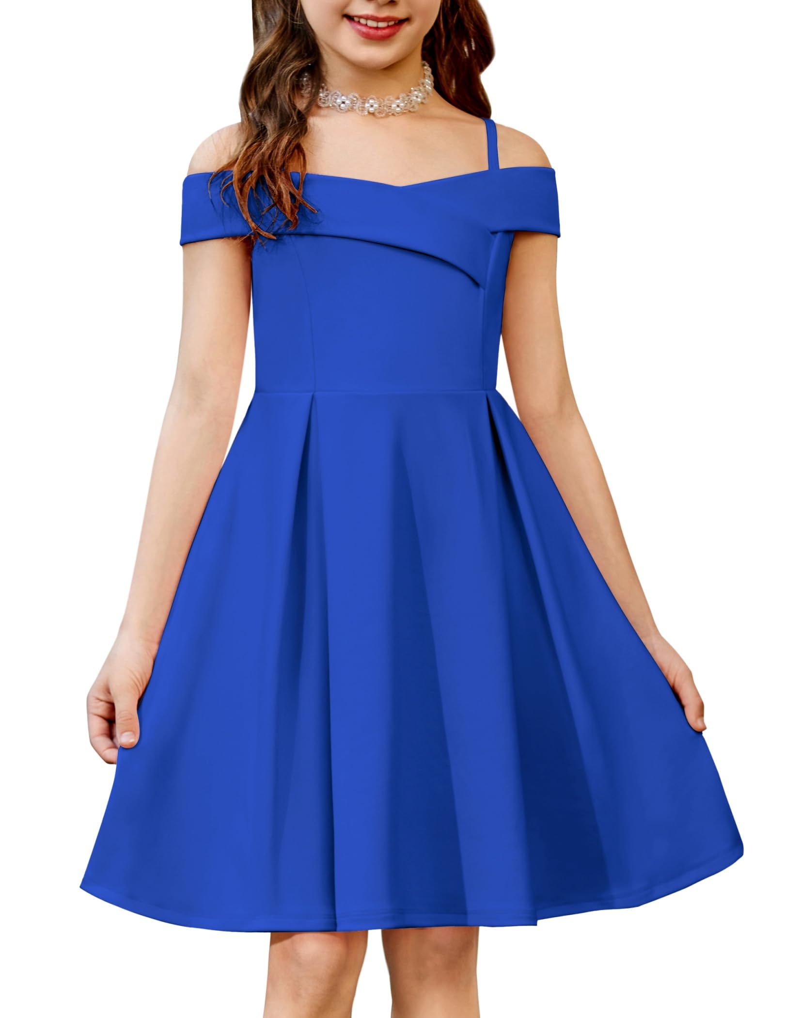 Arshiner Girls Summer Dress Off Shoulder Fold Pleated Formal Elegant A-Line Party Dresses with Pocket — view 11