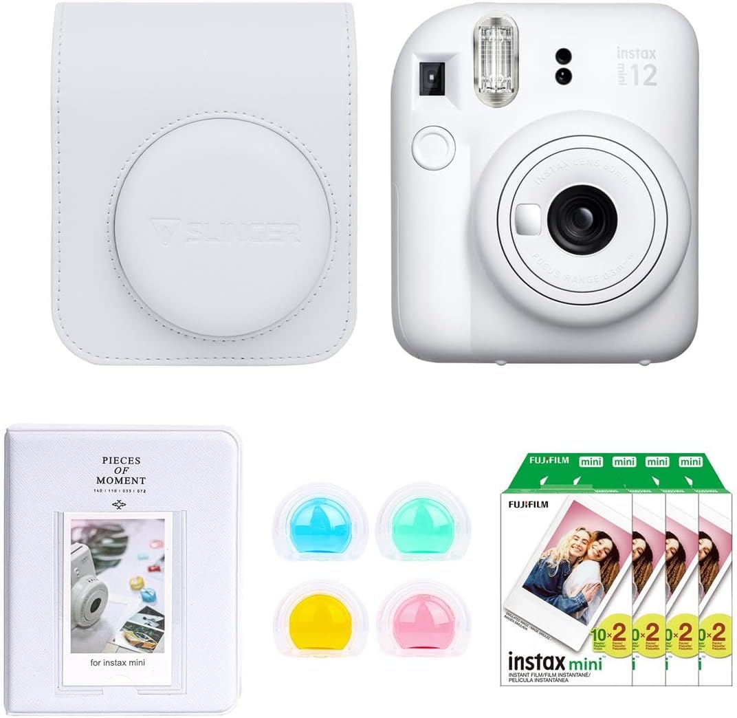 Fujifilm Instax Mini 12 Instant Film Camera, Clay White Bundle with Instax Mini Custom Case, Accessory Kit and Daylight Film, 4X Twin Pack (80 Exposures) ISO 800