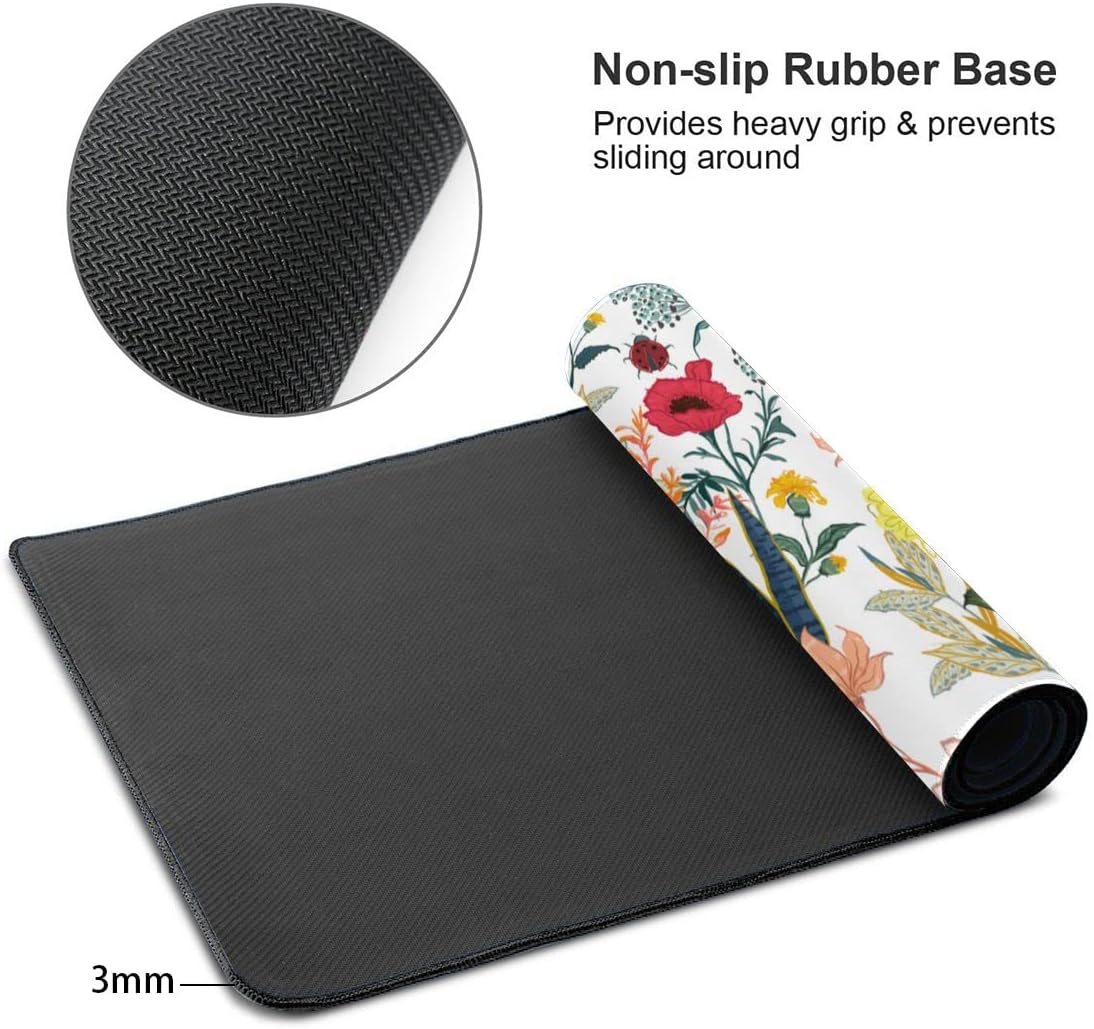 Flower Gaming Mouse Pad Abstract Classical Desk Mat 35.4x15.7 Inch Floral Texture Non-Slip Rubber Base Weeds Mousepad Stitched Edges Keyboard Mouse Mat Desk Pad for Office Home Game