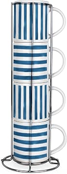 Purely Home Blue Stripes Stacking Mugs Set - Nautical Decor Present - Set of 4 Small Ceramic Mugs Gift Set with Metal Stand