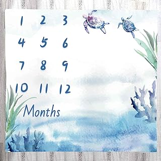 LYLYCTY Baby Monthly Milestone Blanket, Blue Ocean Wildlife Turtles Newborn Photo Baby Memory Blanket BabyGrowth Chart Age Blanket, 48x40 Inch Nursery Baby Swaddling Blanket BTXTLY45