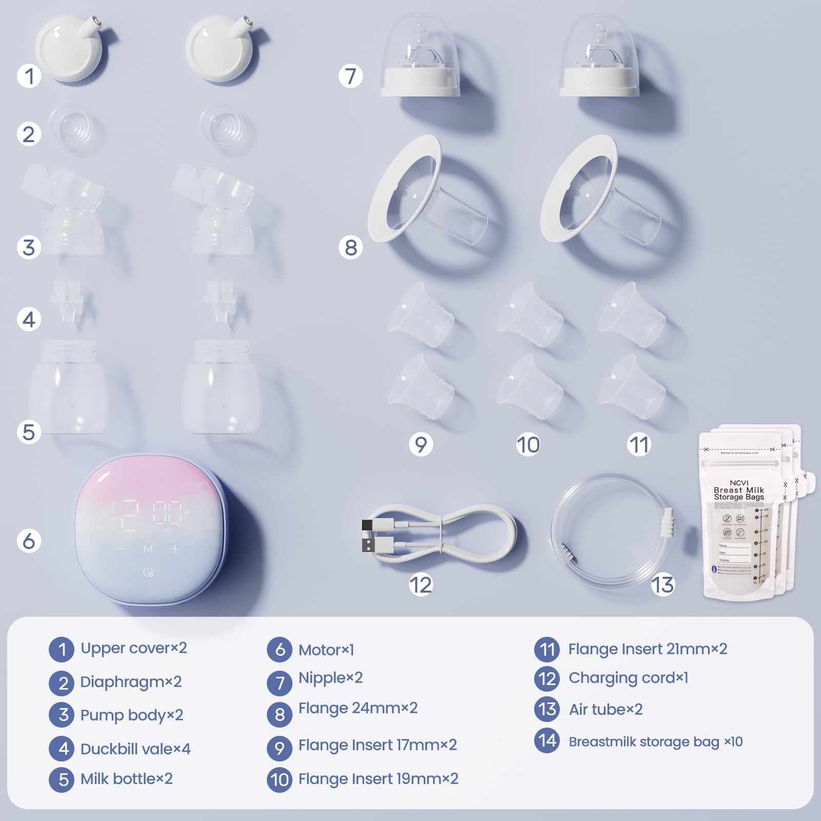 NCVI Extractor de leche eléctrico doble 8122, extractor de leche portátil con 4 modos, 9 niveles, succión de grado hospitalario de 280 mmHg con bridas de 17/19/21/24 mm para el hogar, la oficina y los