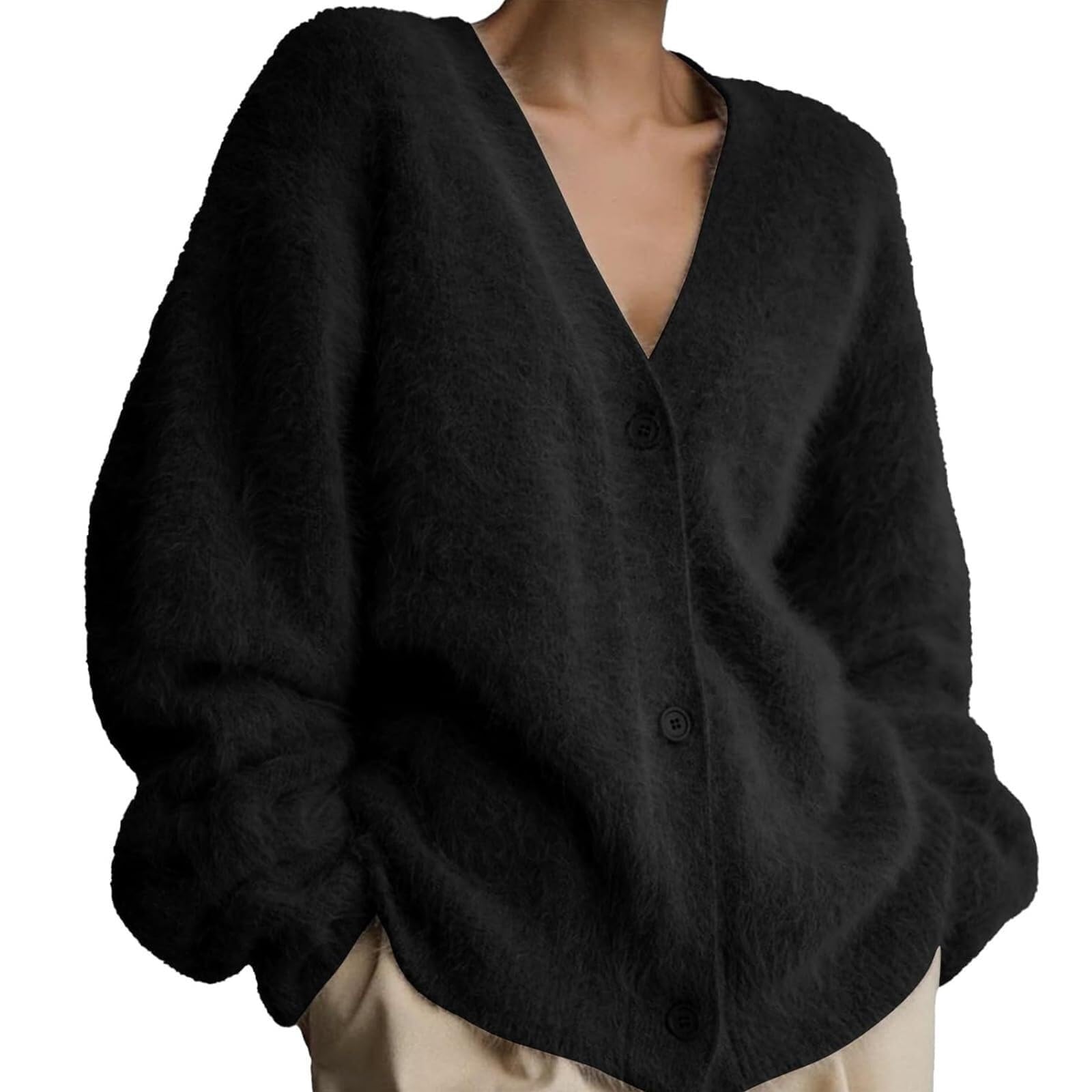 Lockenstab Luxury Cashmere Cardigan For Women Fluffy Cardigan Plush V Neck Open Front Button Pullover Jackets, black, M