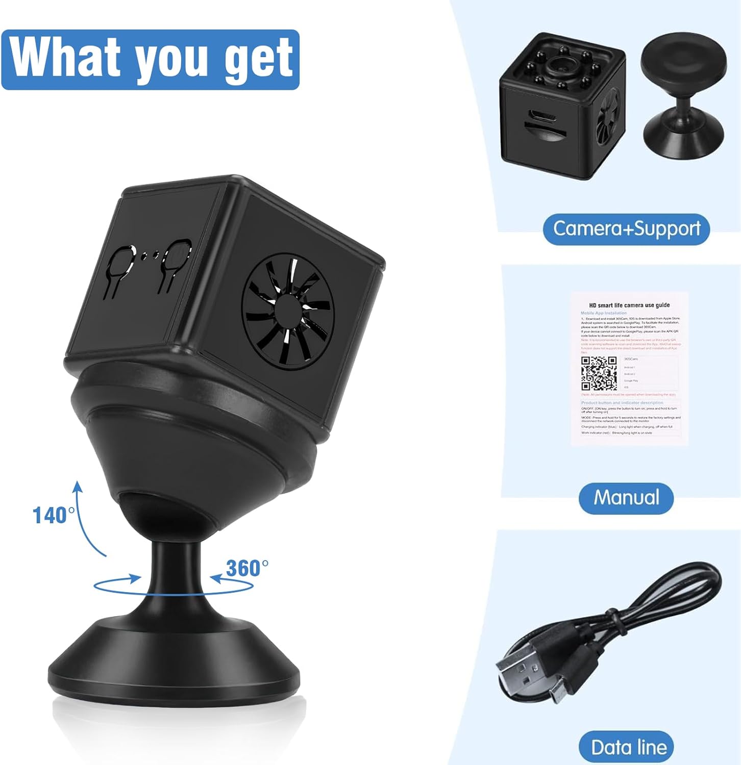 Contents of the Sunlary Mini Camera package including camera, stand, manual, and data cable