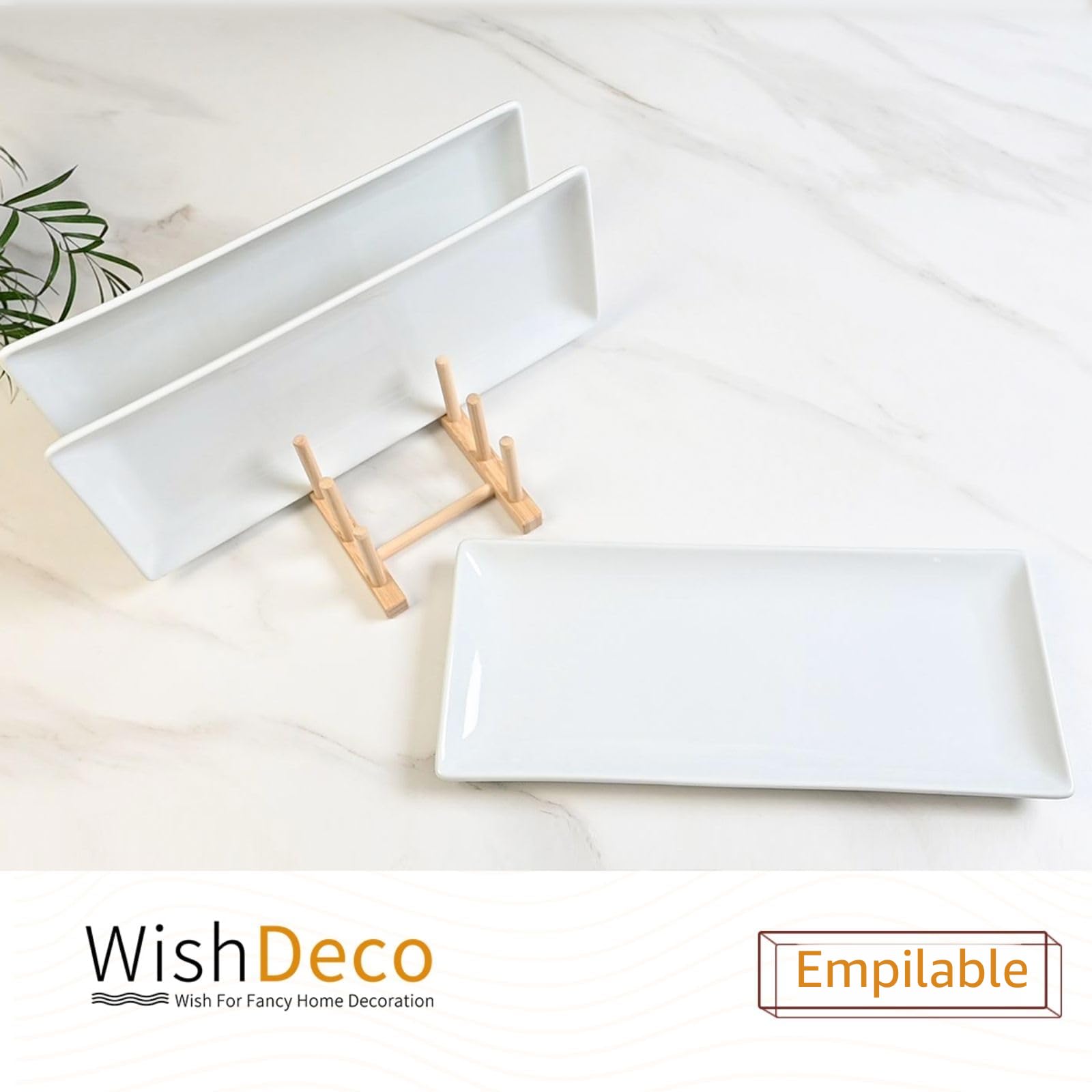 WishDeco Lot de 3 Plateaux de Service, Assiettes Rectangulaires Blanches 35x15 cm, Grandes Assiettes à Dîner en Porcelaine, Plateaux de fête pour Dessert, Buffet, Entrée, Steak