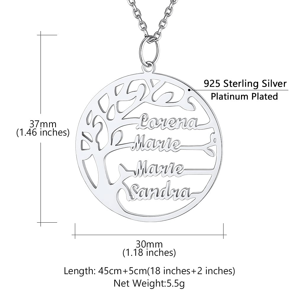 Custom4U Collar Mujer Arbol de Vida con Nombres Personalizados Colgante Redondo/Corazón Acero Inoxidable 316L / Plata de Ley 925 con 1/2/3/4/5/6 /7/8 Nombres Regalo Madre Pareja Familia