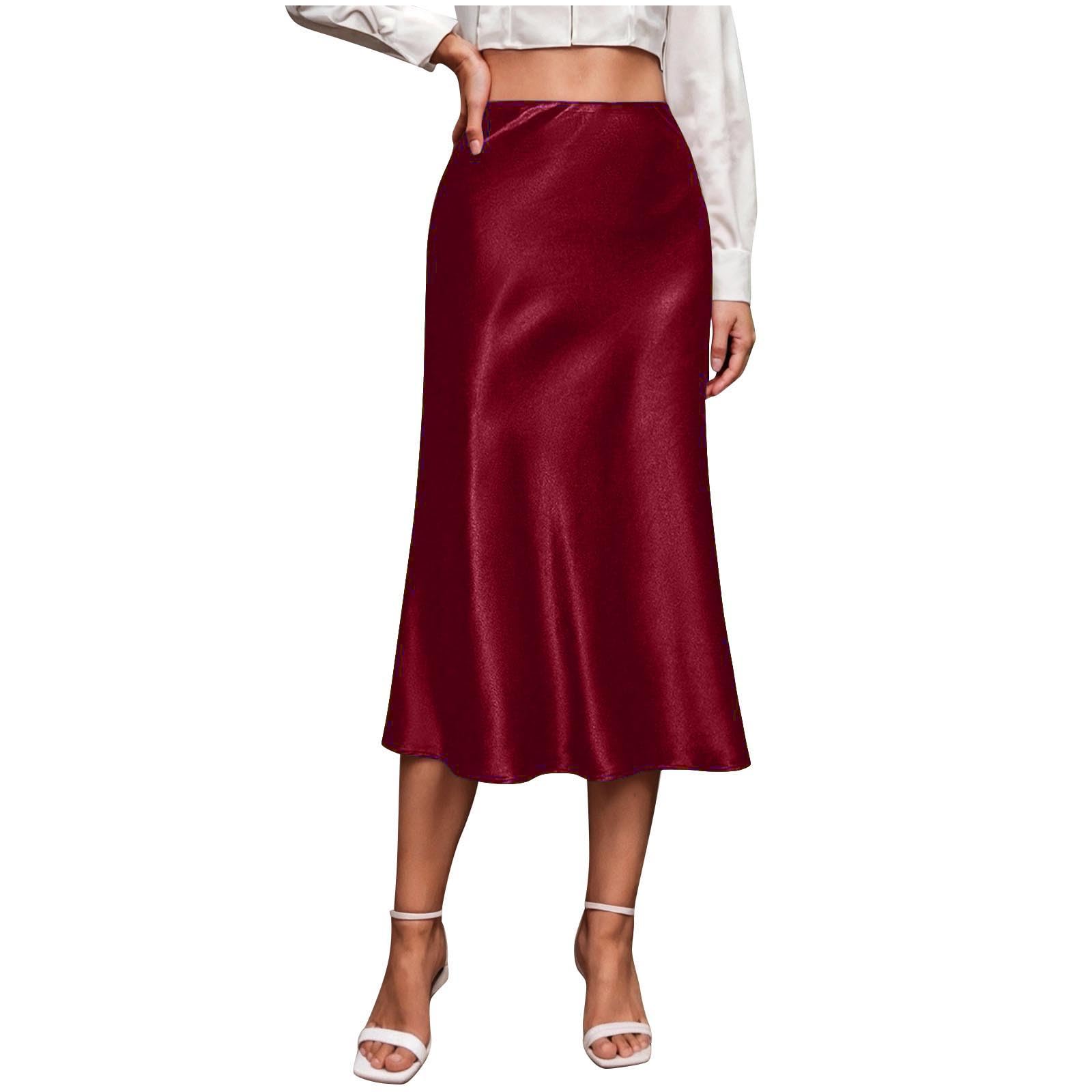 Womens Satin Midi Skirt with Side Zipper - Solid High Waist Slip Skort, Elegant Knee-Length Silk Skirt for Dinner