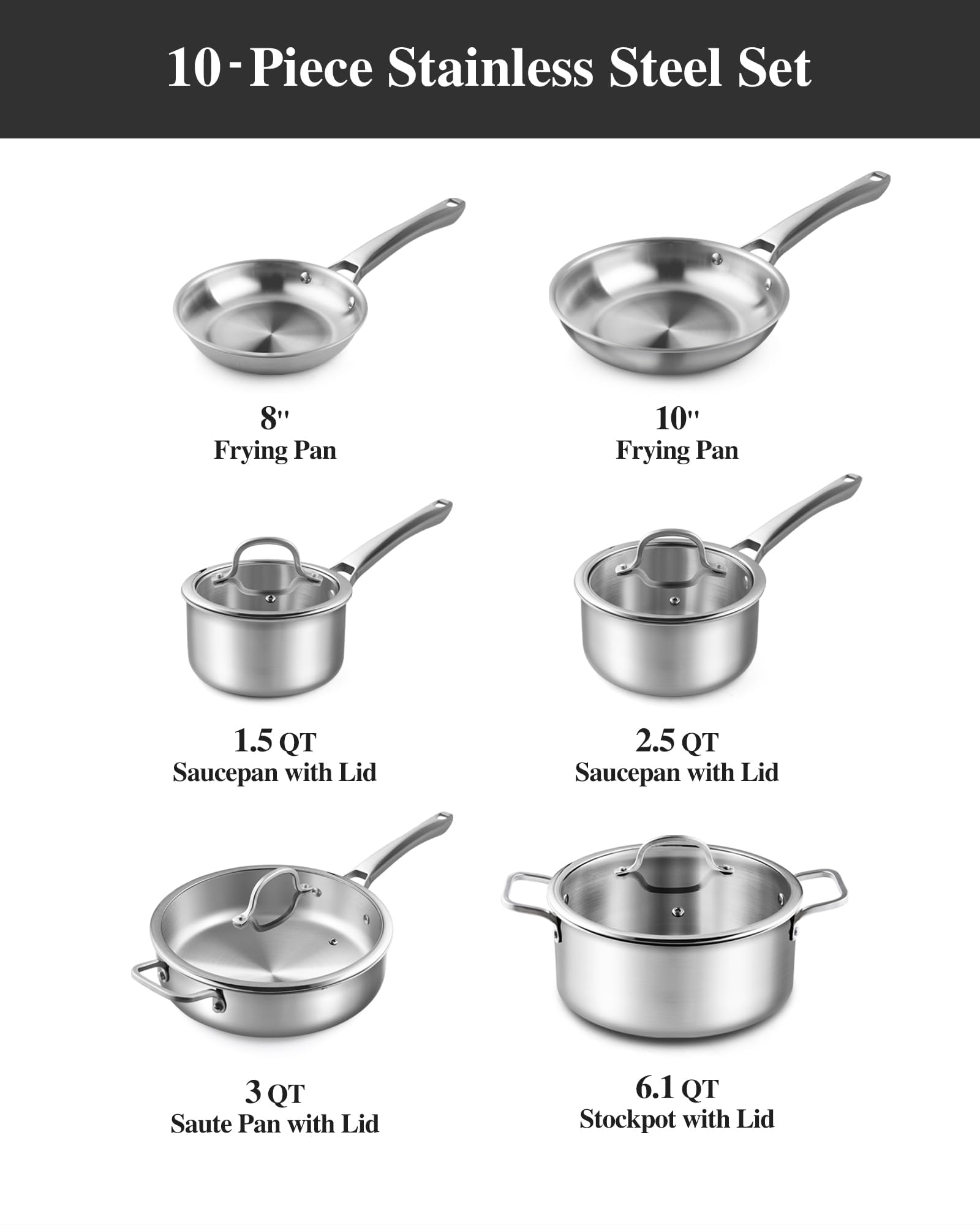 Juego de utensilios de cocina de acero inoxidable, juego de ollas y sartenes de tir-Ply 10 piezas de utensilios de cocina de inducción de acero inoxidable, sin PFOA, sartenes, cacerolas, sartén y