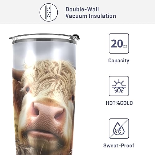 Miniatura 4 de Kigai Highland Cow - Vaso de acero inoxidable de 20 onzas, vaso de café aislado con tapa y pajilla, taza de café de viaje de doble pared para