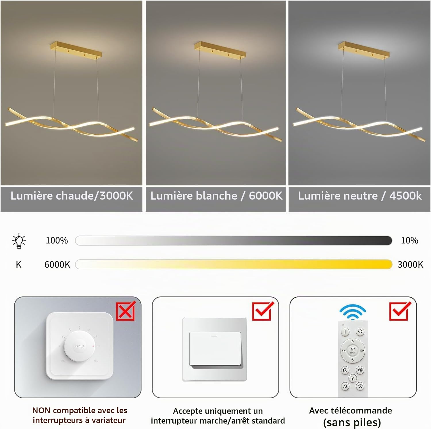 Mikeru Plafonnier LED pour salle à manger, 36W 100cm, Luminaires modernes pour îlot de cuisine, Suspension linéaire à intensité variable avec télécommande, Hauteur réglable de 150cm, Réglage de la