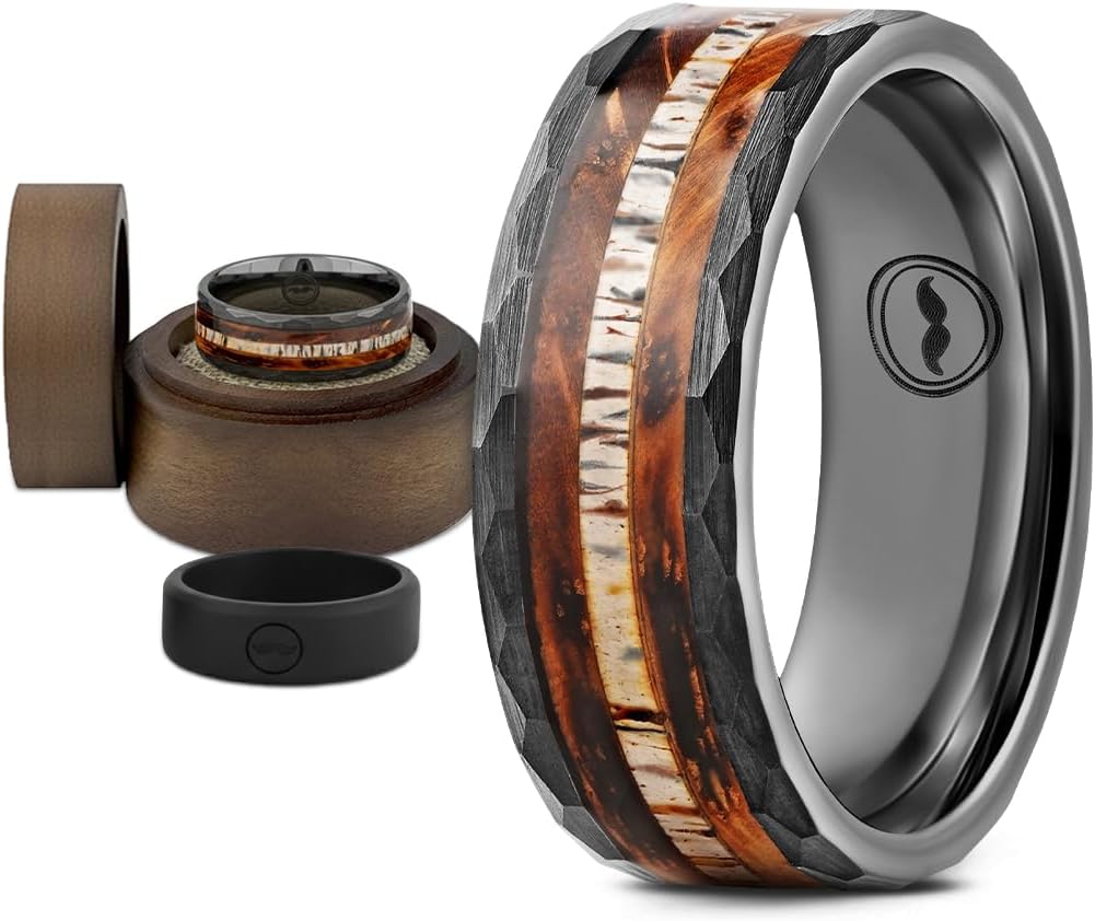 Men's Tungsten Carbide Wedding Band - Premium Grade Black Hammered Ring (Whiskey Barrel Wood & Deer Antler Inlay) - Includes Silicone Band, Leather Drawstring Pouch, & Luxury Walnut Box