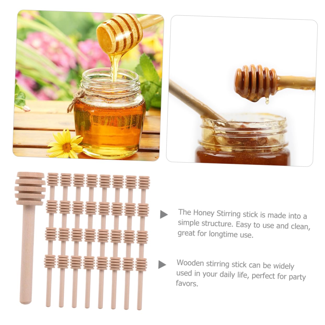 BRIGHTFUFU 40pcs Wooden Honey Dipper Sticks Reusable Kitchen Stirring Tools for Honey Syrup Jam Pots and Party Use