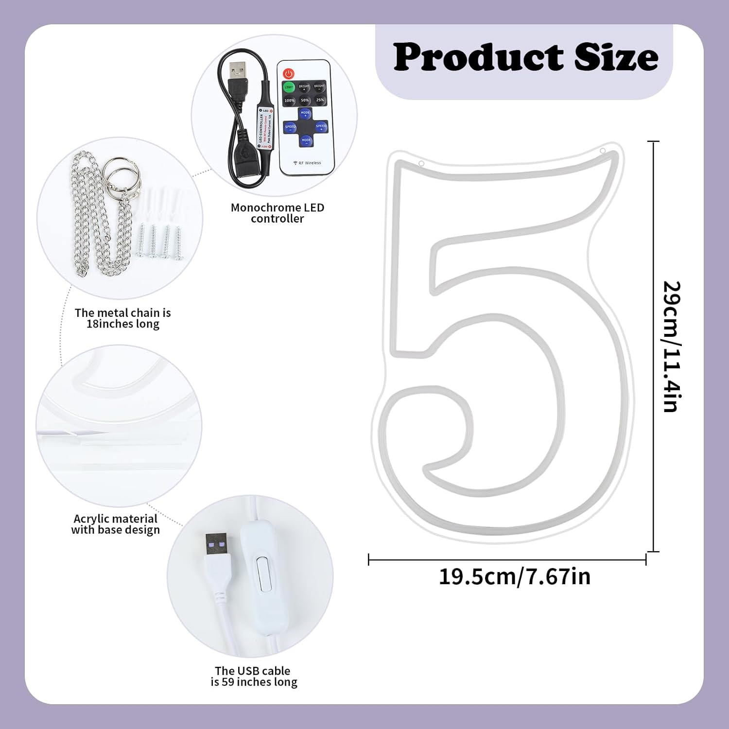 LED Acrylic Light up Number, Decorative Transparent Light up Letters USB Powered Big Number Sign Light for Birthday, Night Light, Party, Anniversary, Christmas, Home Decor, Wedding 11.4'' (number5)