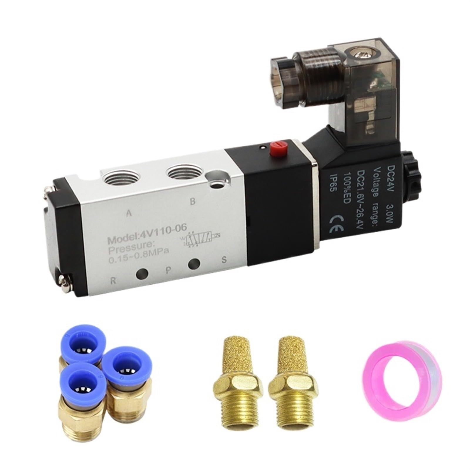 Válvula solenoide 4V110-06 de 5 vías y 2 posiciones para control neumático con conector PC4-01 DC12V