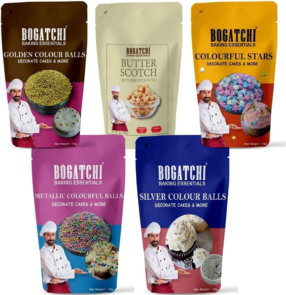 BOGATCHI Professional Cake Decoration Items Edible, Cake Decorating Items Sprinkles, Silver Balls, Golden Balls, Colorful Balls, Colorful Stars, Butterscotch Combo- 50g Each