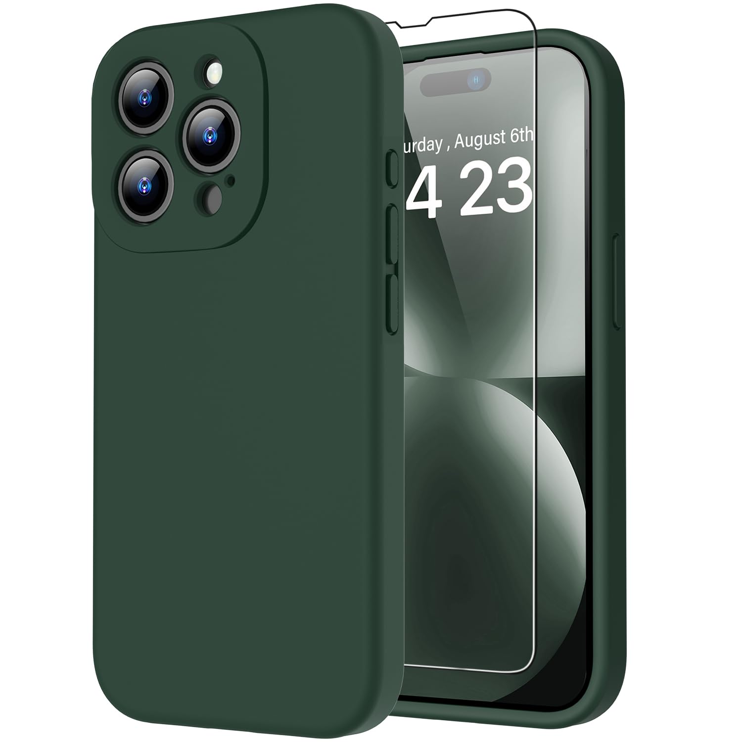 bicol for iPhone 15 Pro Case with Screen Protector,Enhanced Camera Lens Protection,Soft Liquid Silicone Slim Fit Protective Phone Cover 6.1" Army Green