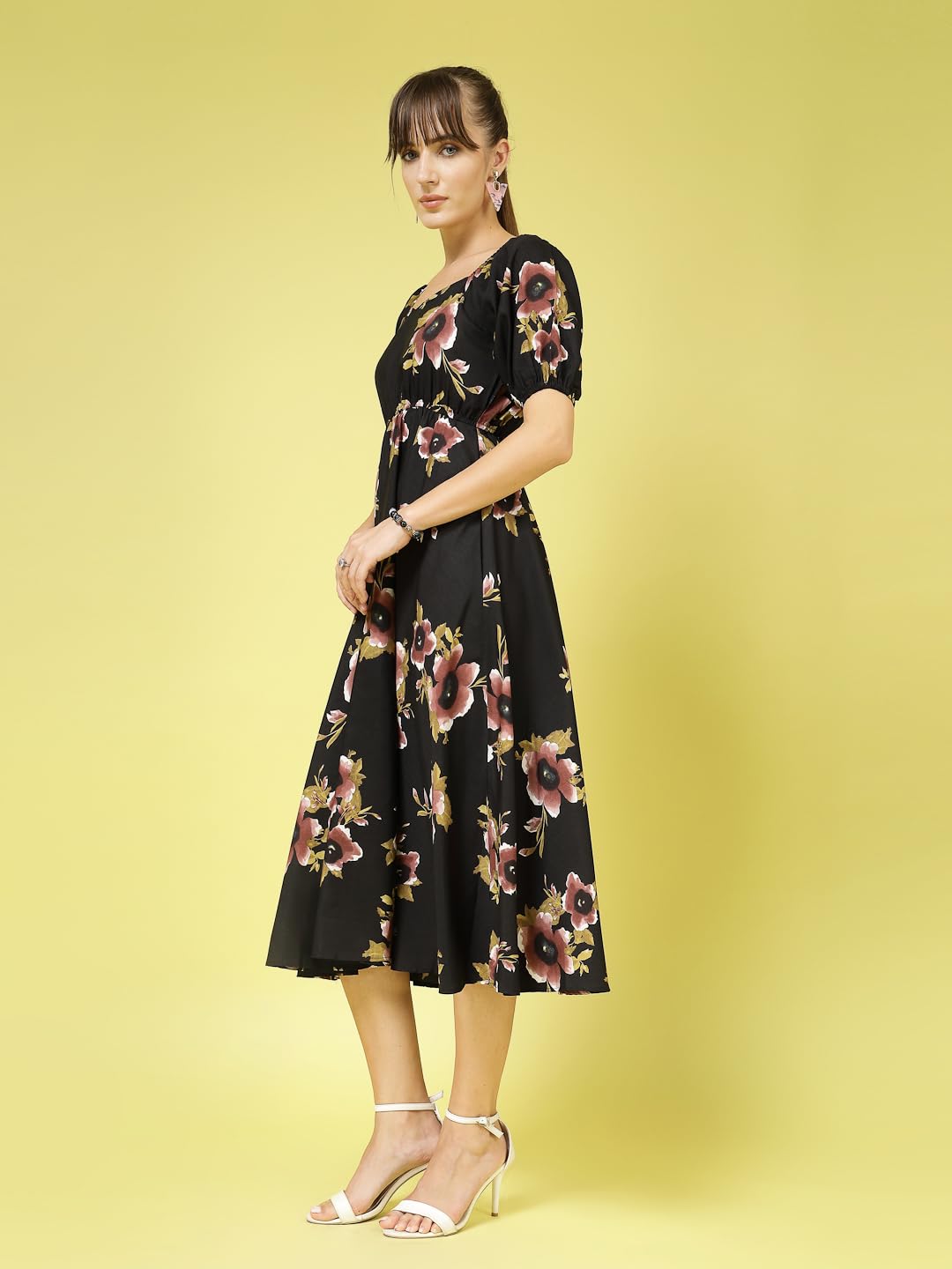 Oomph Flared Dress For Women Stylish | Long One Piece For Women | Puff Sleeve Long Dress | Floral Print Maxi One Piece | Western & Fusion Wear Jet Black