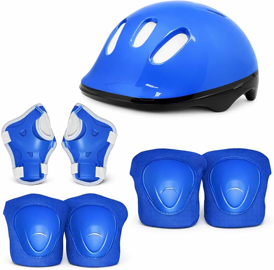 Kit de Proteção Infantil 7 Peças Azul com Capacete Joelheiras Cotoveleiras e Munhequeiras Tamanho P 48-52cm para Patins Skate Bicicleta Patinete Ajustável e Confortável