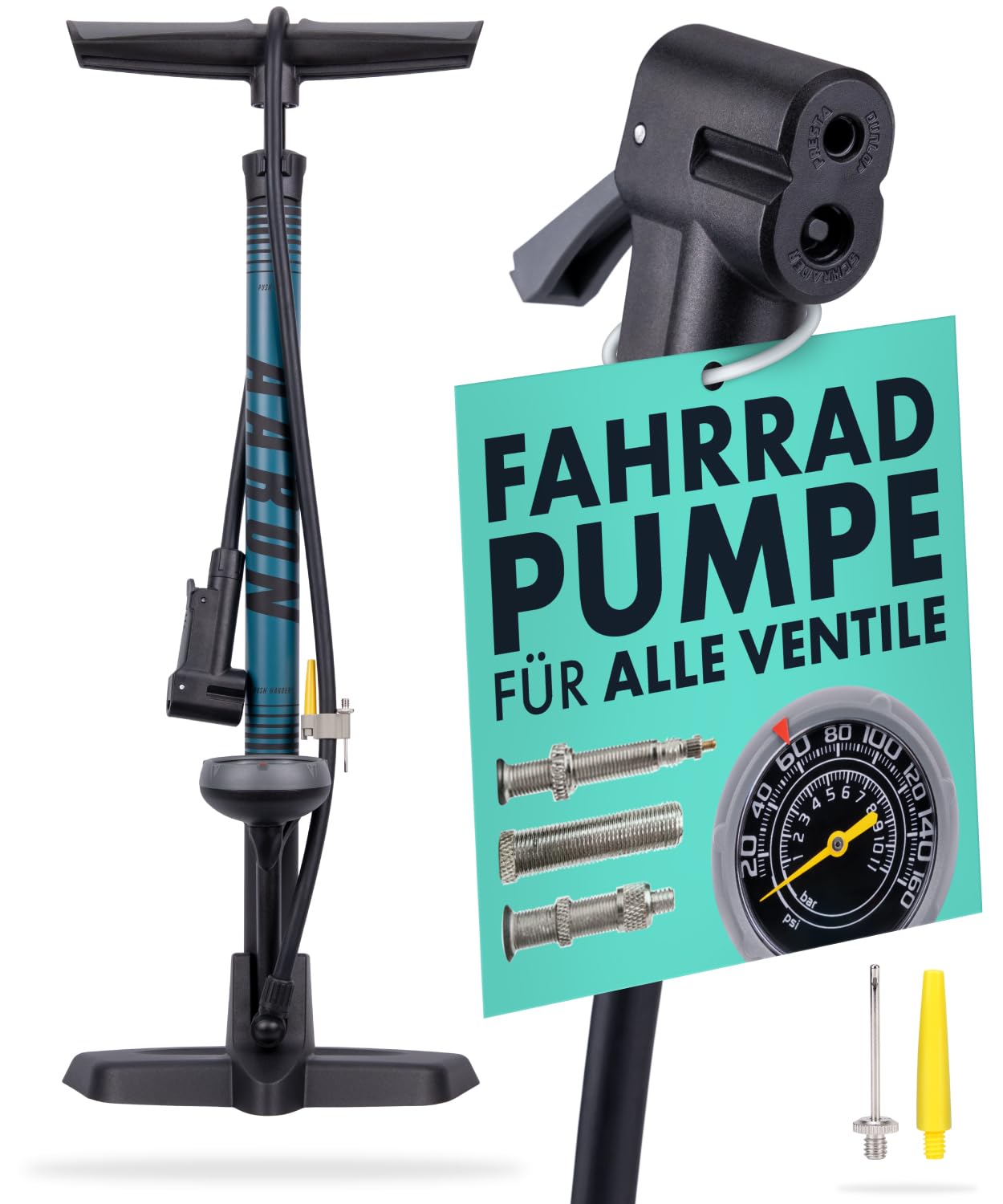 AARON Sport One Fahrrad Standpumpe mit Manometer für alle Ventile | Hochdruck Fahrradpumpe inkl. Ball Aufsatz | Luftpumpe für E-Bike, Mountainbike, Rennrad