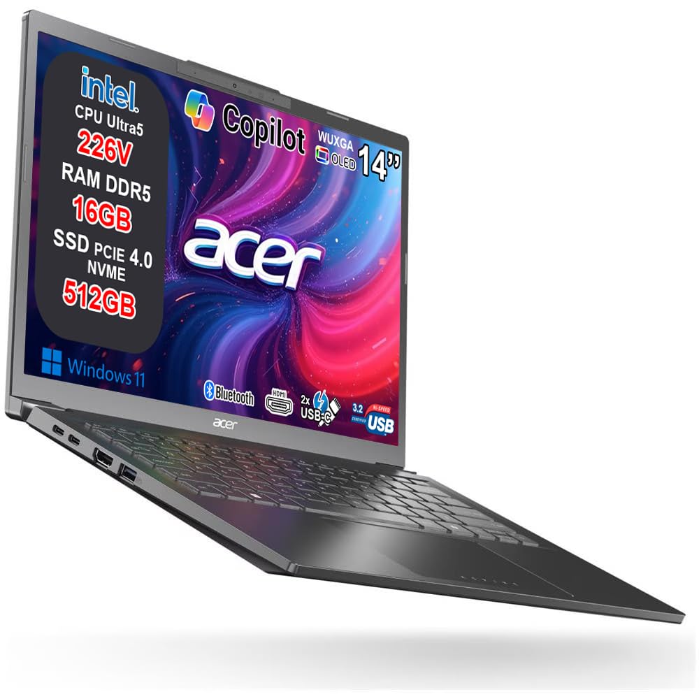 Acer Aspire 14 AI Notebook Intel Core Ultra 5 226V, 16GB RAM DDR5, 512GB SSD, 14” OLED WUXGA, Intel Arc, Copilot+ PC, WiFi 6E, BT 5.3, Thunderbolt 4, Tastiera Retroilluminata, Windows 11