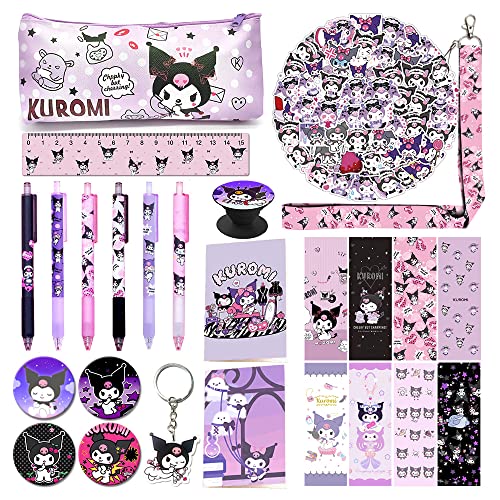 Conjunto de presente de materiais escolares KUROMI, incluindo estojo de lápis para caderno, canetas adesivos, botões, cordão, chaveiro, régua, marca-livros, porta-anel para telefone