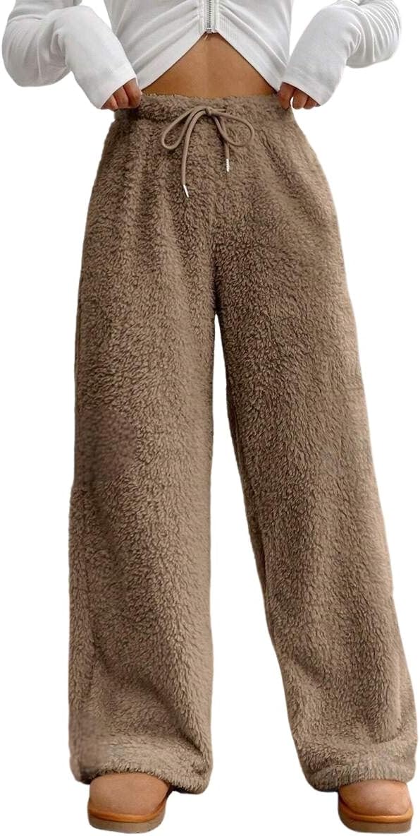 ZAFUL Women's Fuzzy Plush Pajama Pants Drawstring Elastic Waist Wide Leg Teddy Pj Bottoms Lounge Pants