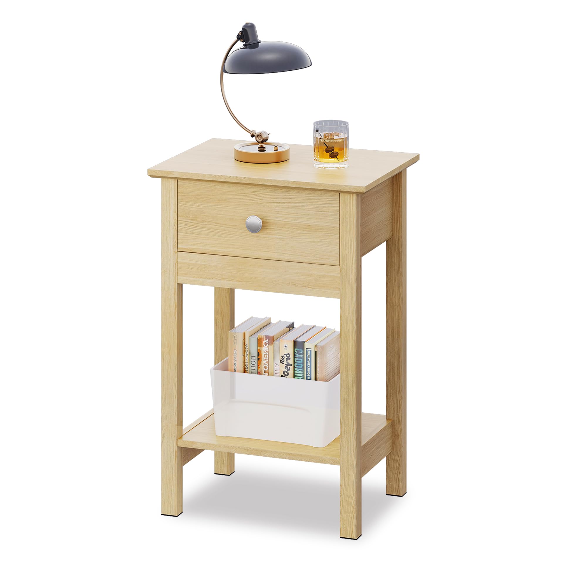 WLIVE Wooden Bedside Table, Nightstand with Shelf Drawer, Wooden Side Sofa Tables, for Small Spaces, End Tables for Living Room, Bedroom (1, Oak)