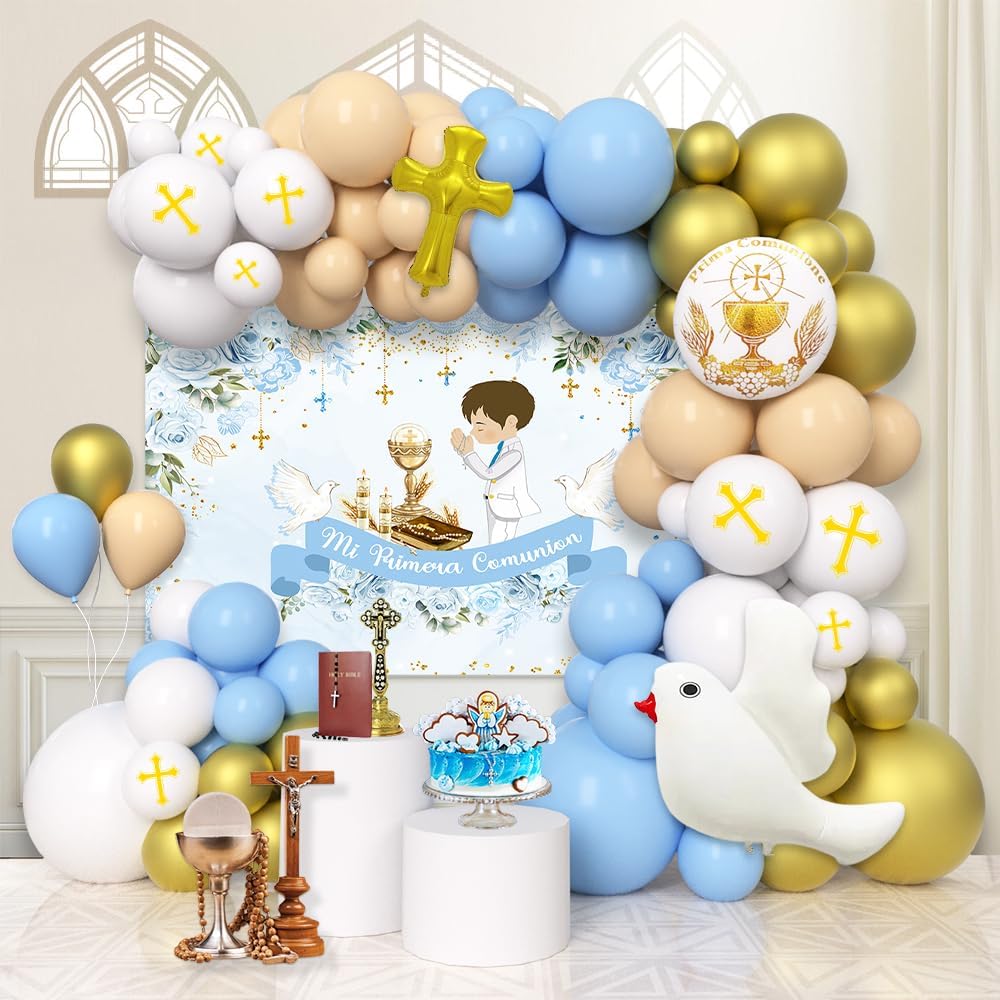 309 Pcs Mi Primera Comunion Baptism Party Decorations for Boy Blue First Holy Communion Party Supplies