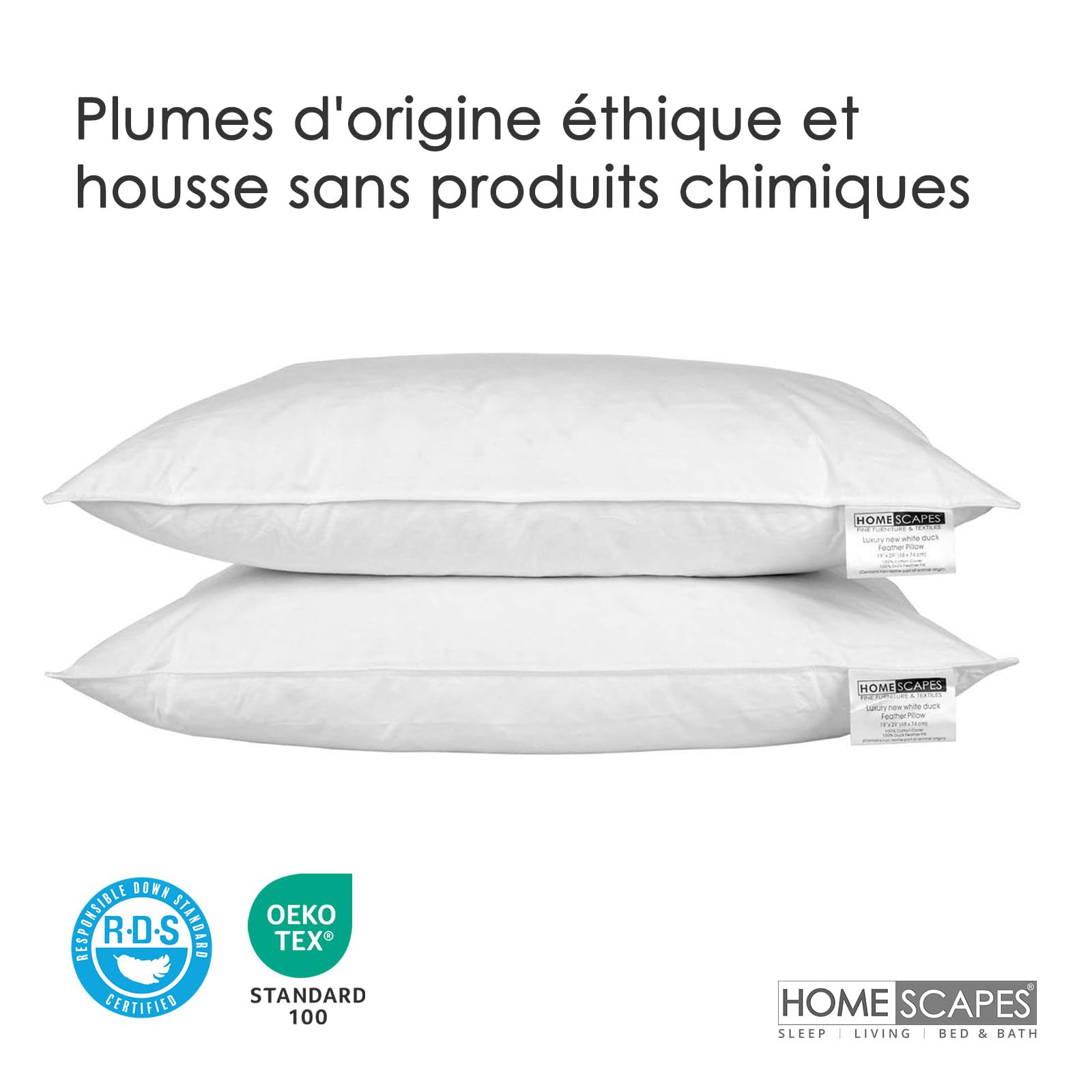 HOMESCAPES Lot de 4 Oreillers naturels en Plumes de Canard Ultra gonflants et Moelleux, 50 x 75 cm