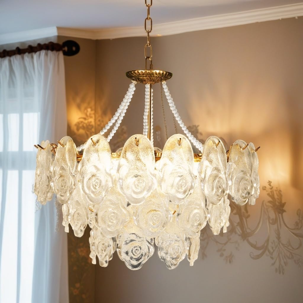Modern Glass Chandelier Light Fixture, 23.6" Gold Pendant Chandelier Lighting for Living Room Bedroom Dining Room, 3-Tier Shade & Brass Gold Finish
