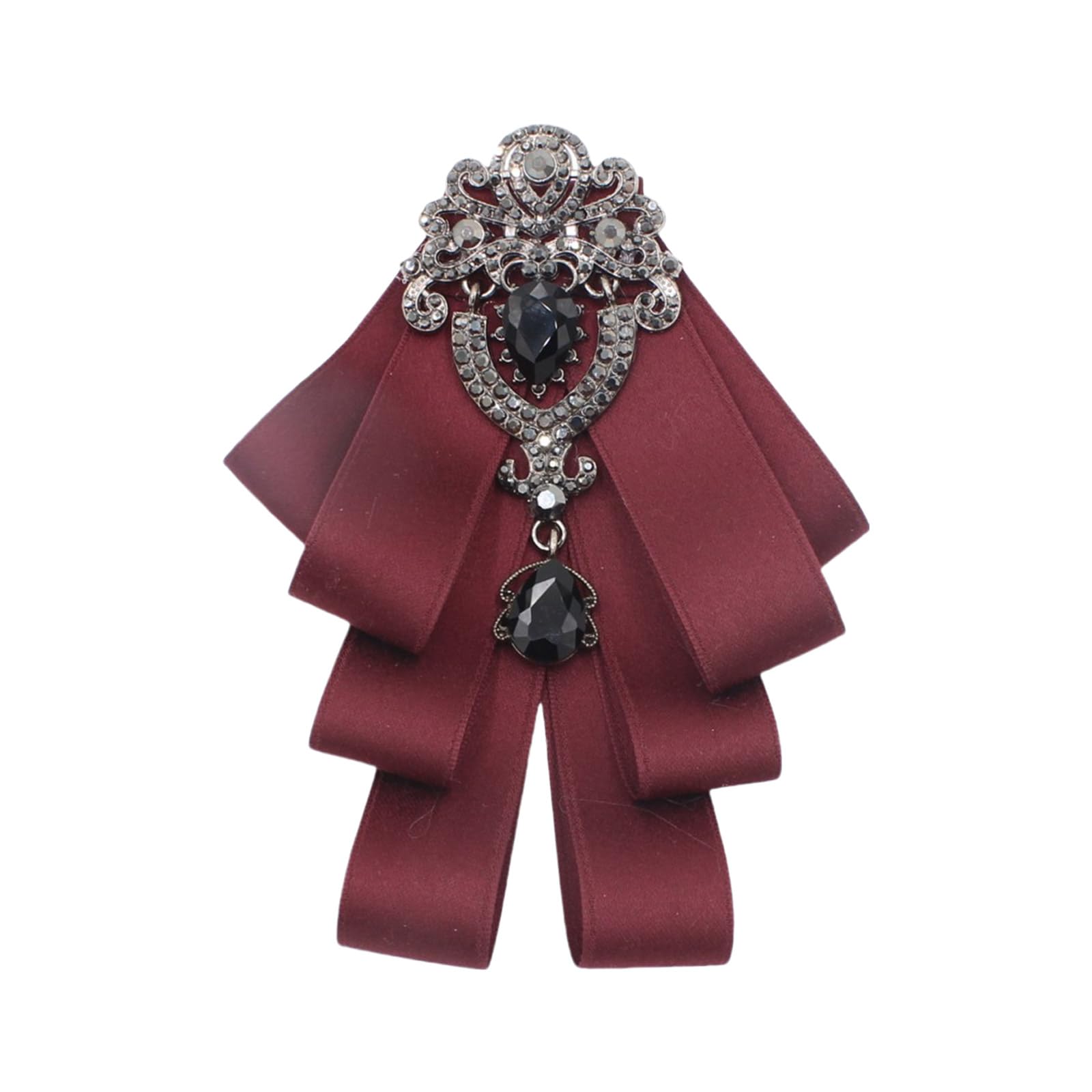Lansuiyour Men's Wine Red Wo Silk Ribbon Bowtie Jabot Collar Crystal Rhinestones Necktie Wedding Bowtie Brooch Pin Vintage Pre Tied Necktie