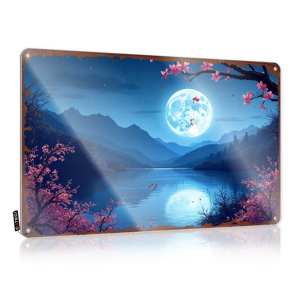Fzfn Colour Funny Sign Ideas Nice Full Moon Reflecting On Serene Lake With Cherry Blossoms For Barn - Farm Customizable(30X40cm)