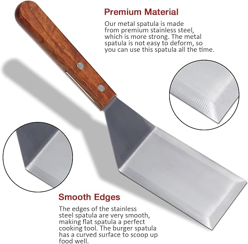 Miniatura 3 de Espátula de hamburguesa de acero inoxidable con mango de madera fuerte, espátula giratoria ideal para aleta de panqueques, pescado, huevos,