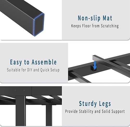 Miniatura 9 de Base de cama negra de tamaño individual con luces LED, cama de metal resistente con cabecera y piecero, estante de almacenamiento con estación de