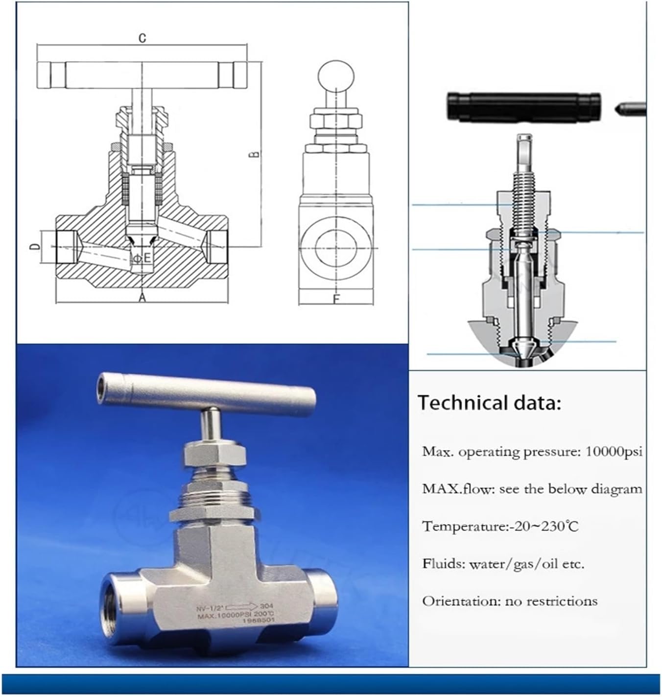 1/4" 3/8" 1/2" Female 68MPA 316 Shut Off Needle Globe Valve(1/2",NPT)