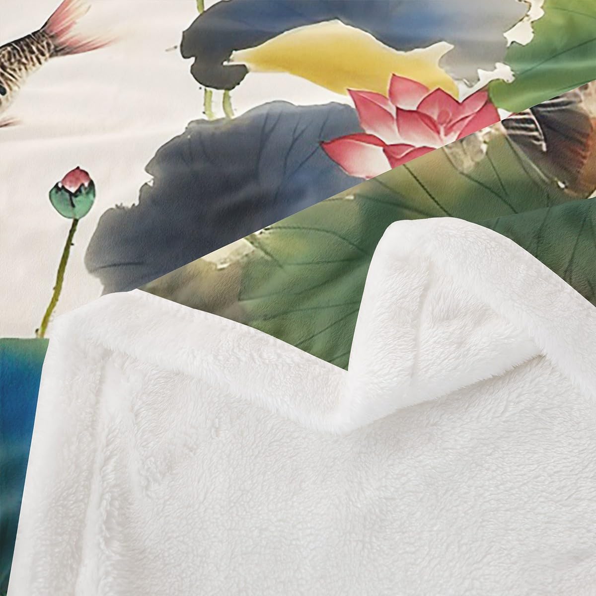 Homemissing Kids Chinese Ink Painting Fleece Throw Blanket Double 60x79Inch Carps Koi Fishes Japanese Sherpa Blanket for Bed Sofa Couch Good Luck Fish Nature Bedroom Decor - Image 4