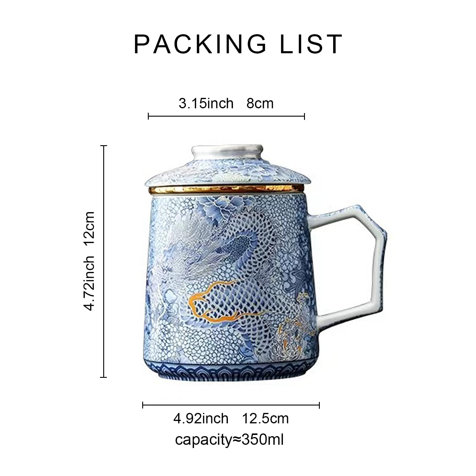 fanquare Tasses à Thé Chinoises Loong Tasse à Thé en Porcelaine Bleue avec Infuseur et Couvercle Grande Tasse à Café Traditionnelle en Céramique avec Anse