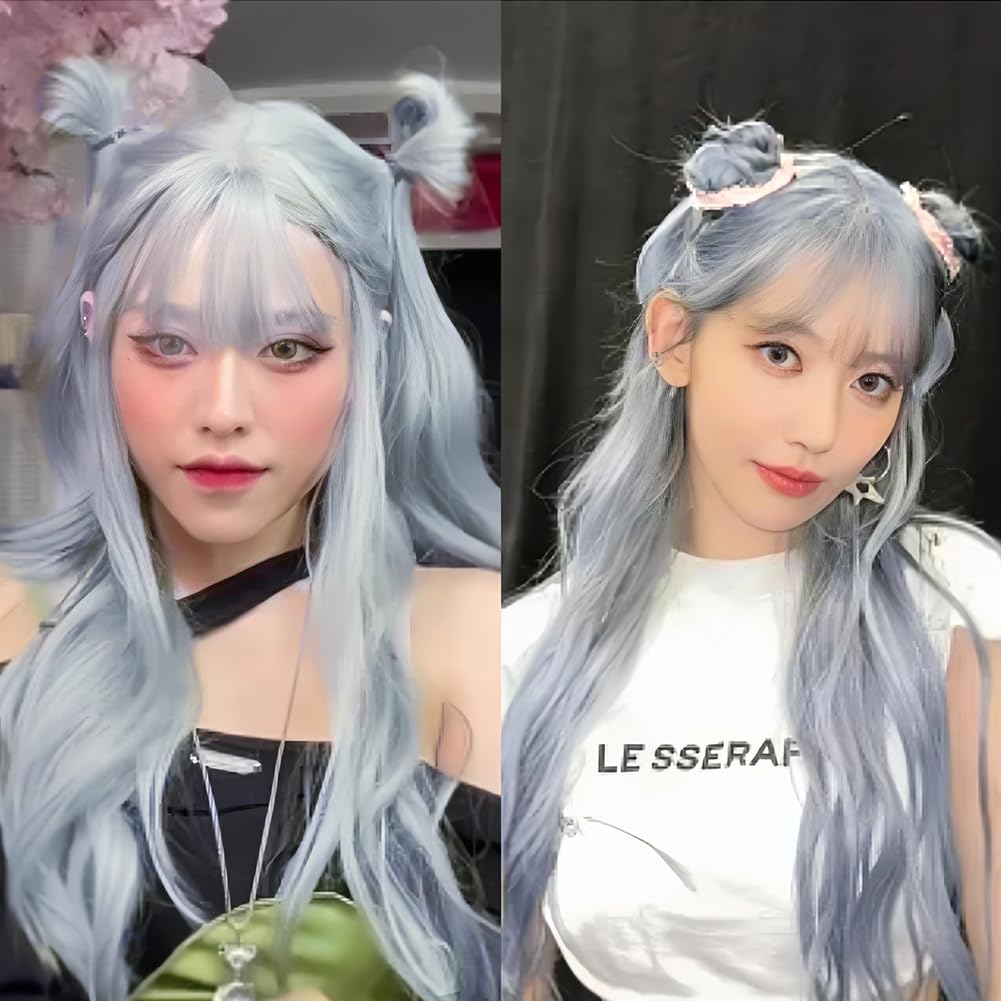 Long Blue Curly Wavy Wigs for Women with Bangs Synthetic Heat Resistant Fiber Wig Halloween Cosplay Daily Hair Wig - Image 6