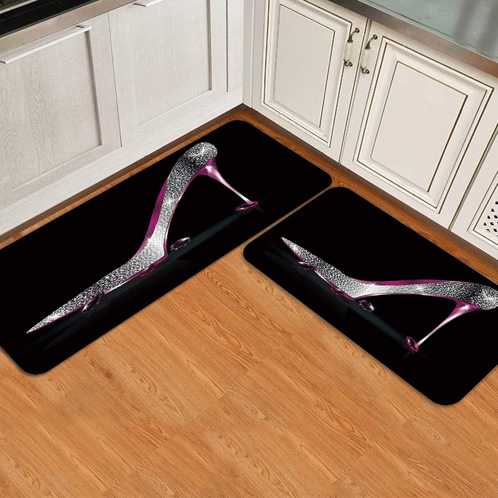 GRATNNA Kitchen Rugs Set of 2,Sliver Pink Diamonds Girly Shoe Creative Design Fashion High Heels on Black Background,Decorative mats Carpets for Floor,Bathroom,Sink,17.7"x29.5"+17.7"x47.2"
