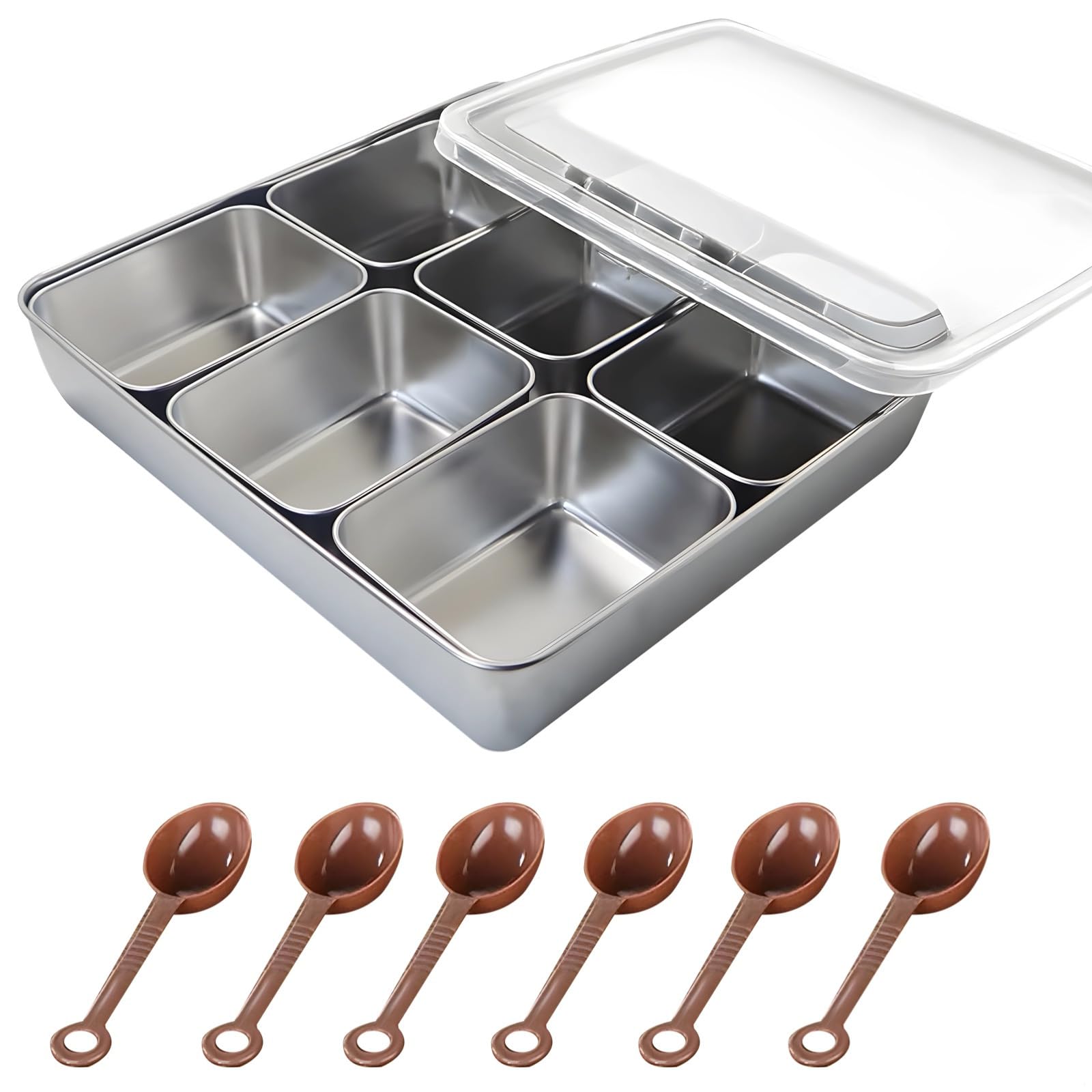 6-teiliges Gewürz-Set aus Edelstahl mit Tablett, Deckel und Servierlöffeln, Organizer für Gewürze, Snacks und mehr