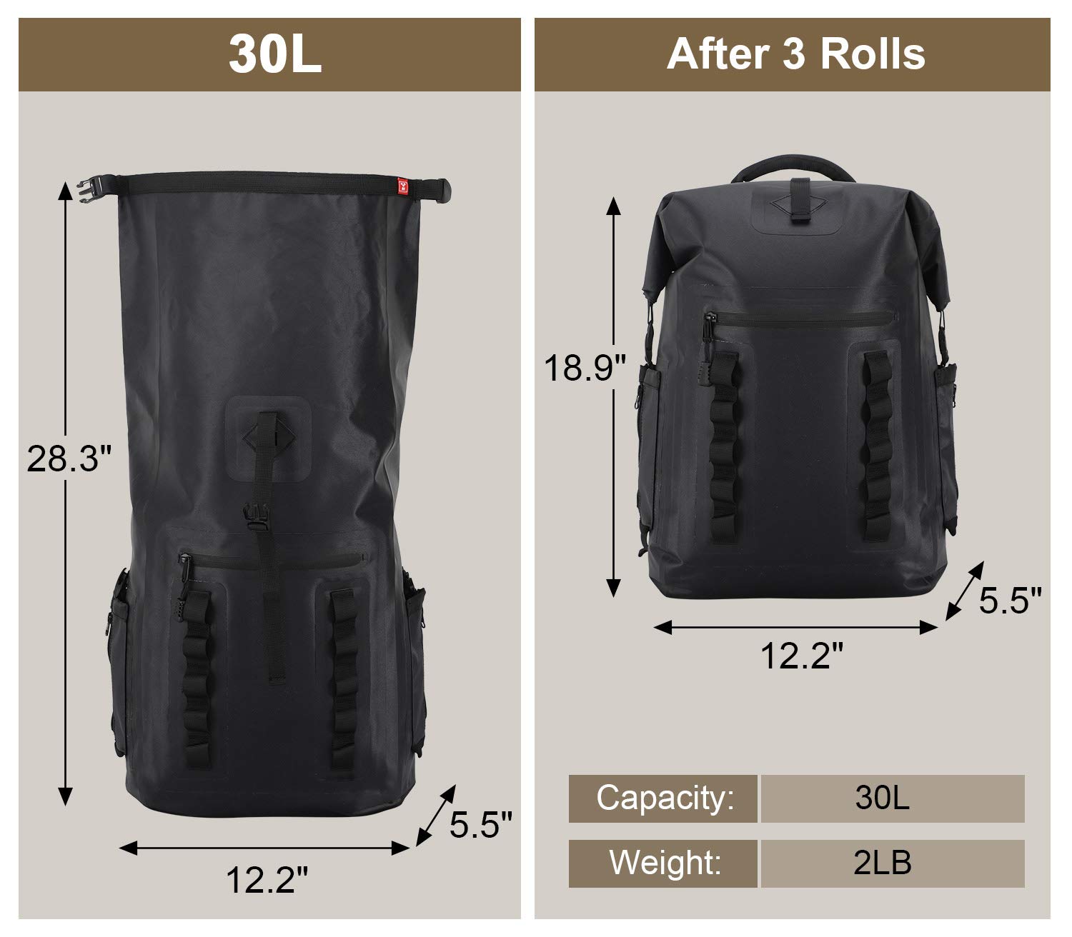 MIER Mochila Impermeable Dry Bag Resistente con Cierre Enrollable para Kayak, Playa, canotaje, natación, Surf, 30 L, Black, Bolsa Seca